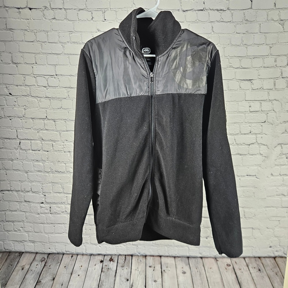 Ecko Unltd Mens Black Full Zip Fleece Jacket Mixed Media Rhino Logo Size M